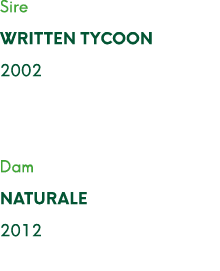 Sire WRITTEN TYCOON 2002 Dam NATURALE 2012